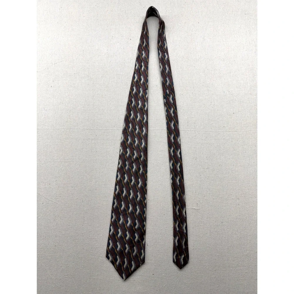 Milano Uomo Mens Silk Tie‎ Geometric Diamond Burgundy Blue Gold Made in USA
